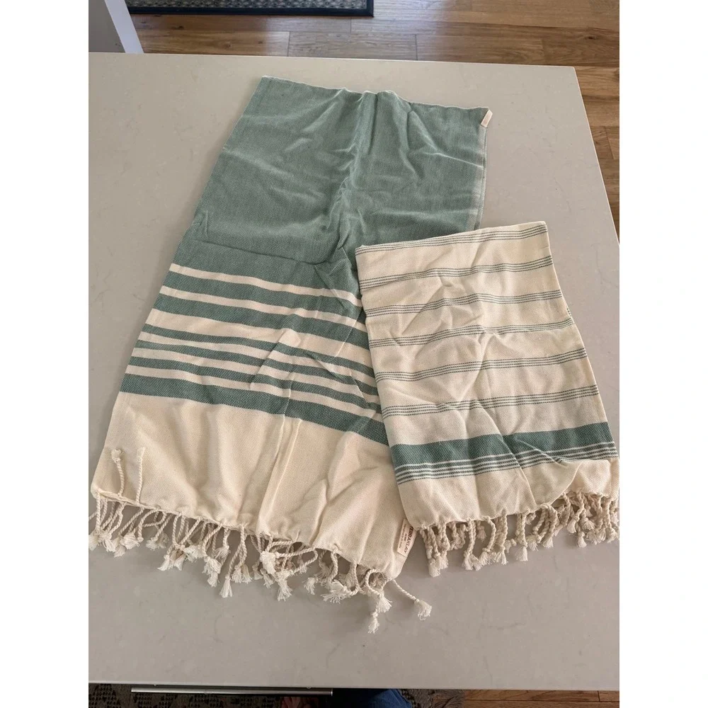 TerraKlay‎ Home Sage Green Cream Striped Cotton Hand Towel Set Fringe India